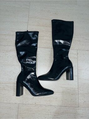 Windsor Black Patent Knee-High Block Heel Boots Size 8